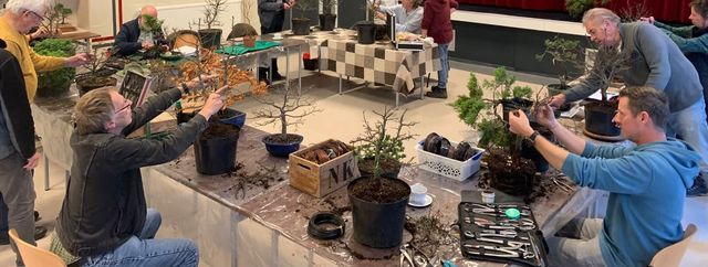 Leden werken aan hun bomen aan lange tafels in een zaal, met draad, gereedschap en koffie binnen handbereik.